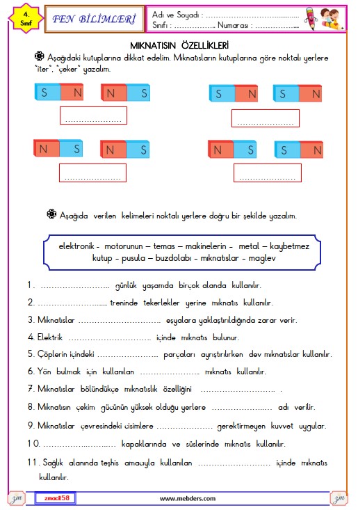 4. Sınıf Fen Bilimleri Mıknatısın Özellikleri Etkinliği 2