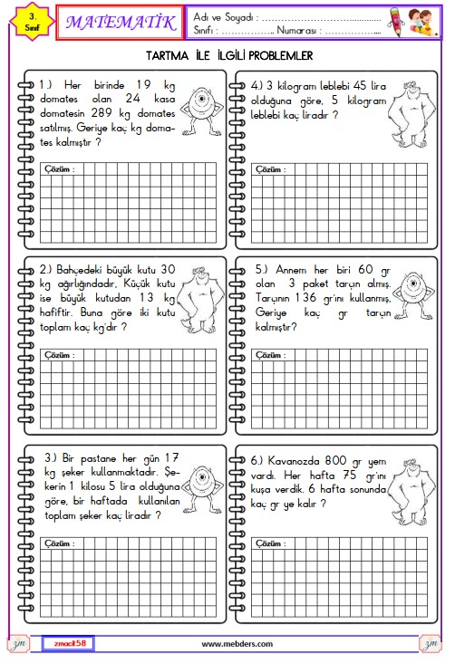 3. Sınıf Matematik Tartma ile İlgili Problemler Etkinliği 6