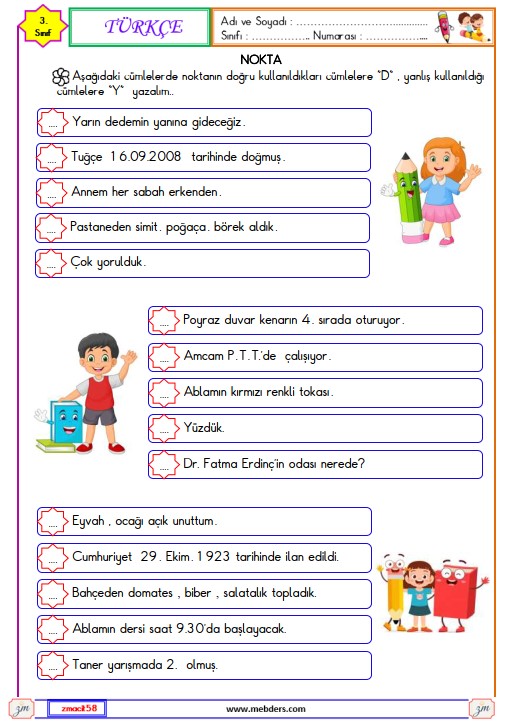 3. Sınıf Türkçe Nokta Etkinliği