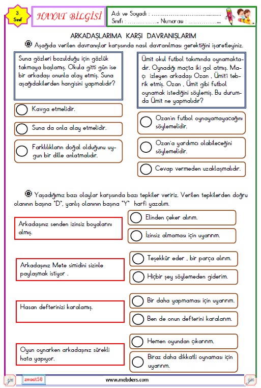 3. Sınıf Hayat Bilgisi Arkadaşlarıma Karşı Davranışlarım Etkinliği