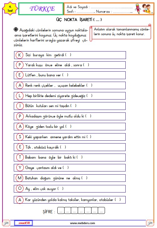 4. Sınıf Türkçe Üç Nokta İşareti Etkinliği 3