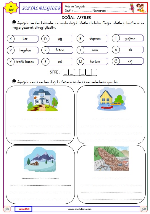 4. Sınıf Sosyal Bilgiler Doğal Afetler  Etkinliği 1