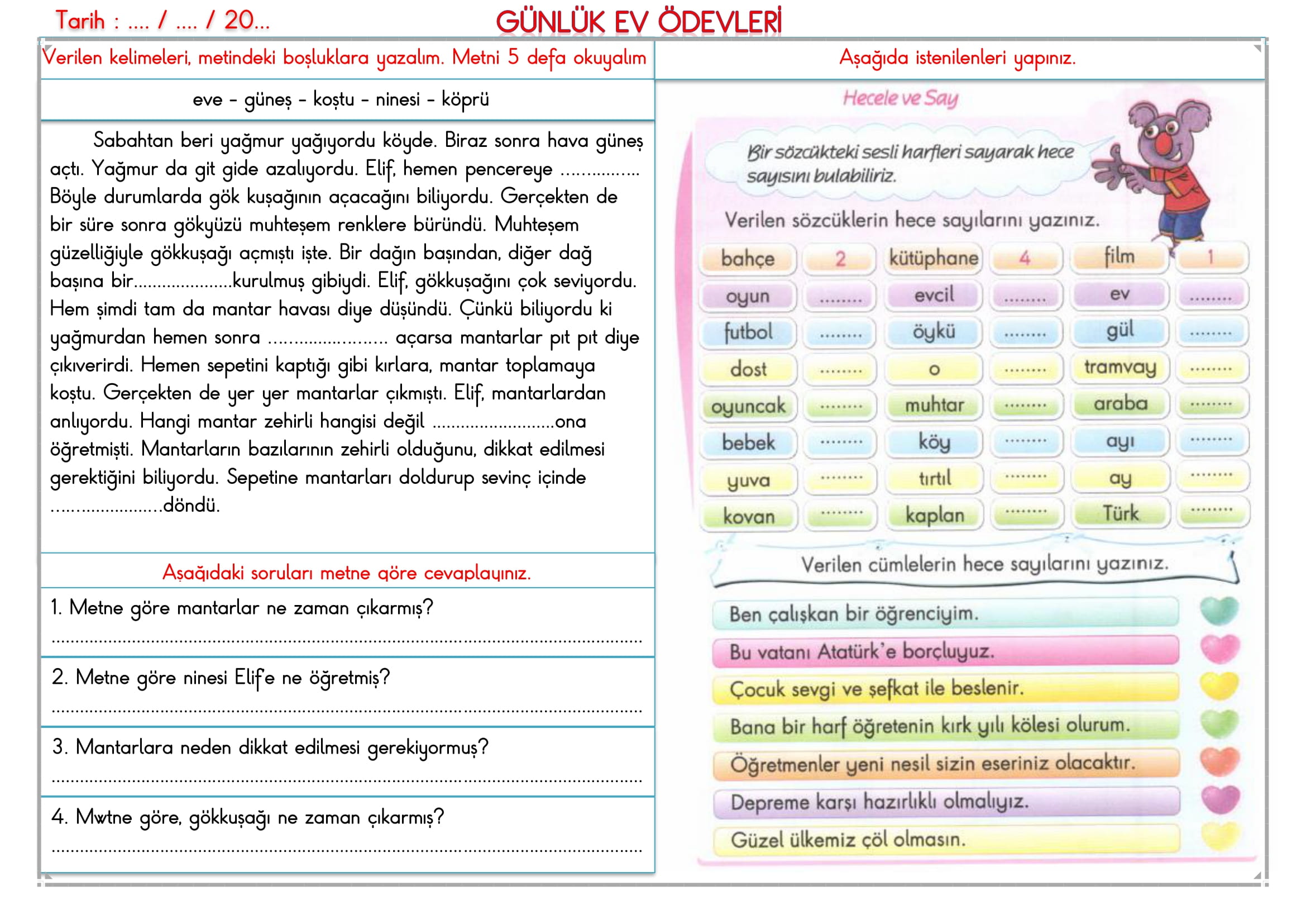 2.Sınıf 11 Mart 2025 Günlük Ev Ödevi