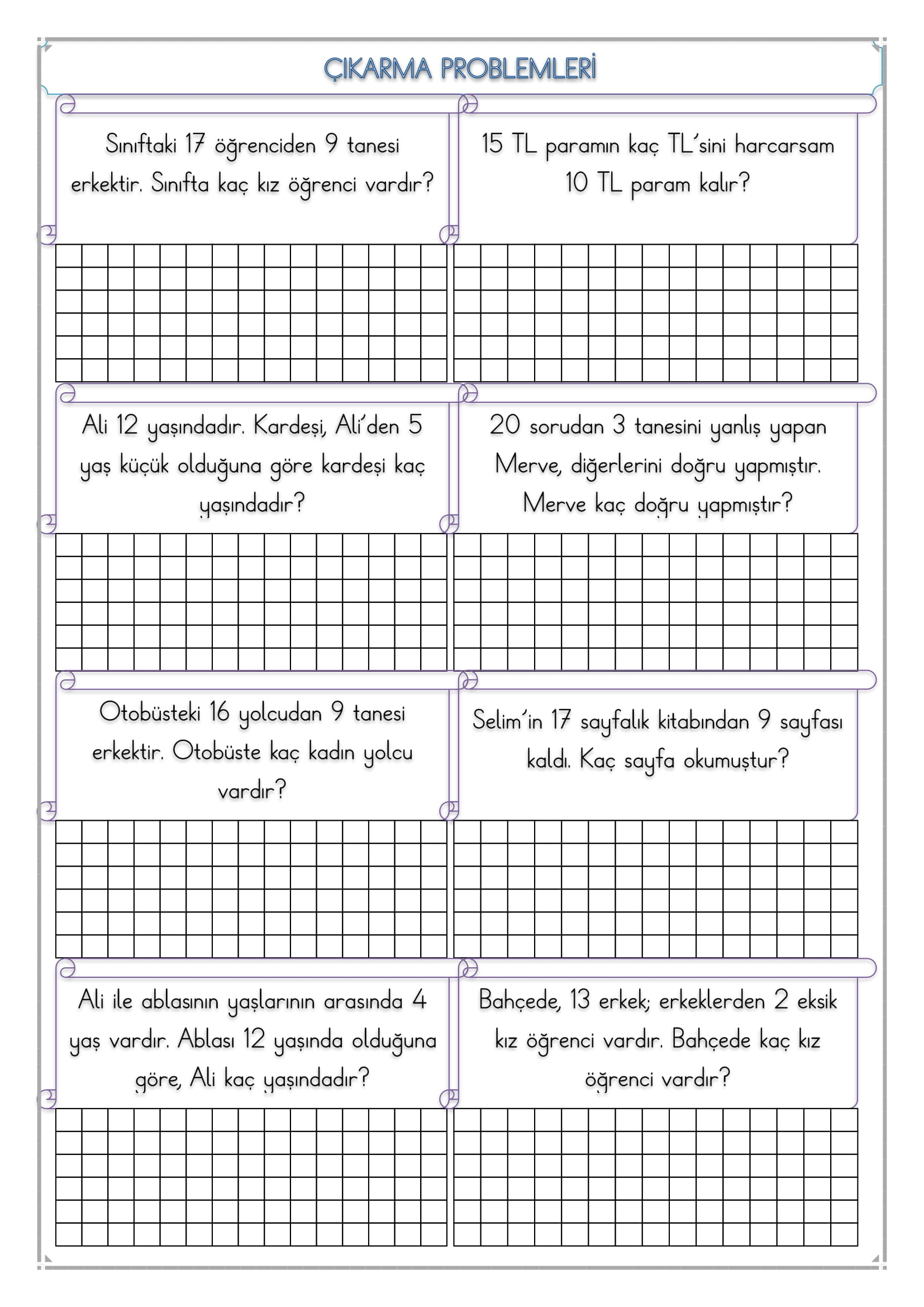 1.Sınıf - Matematik Çıkarma Problemleri