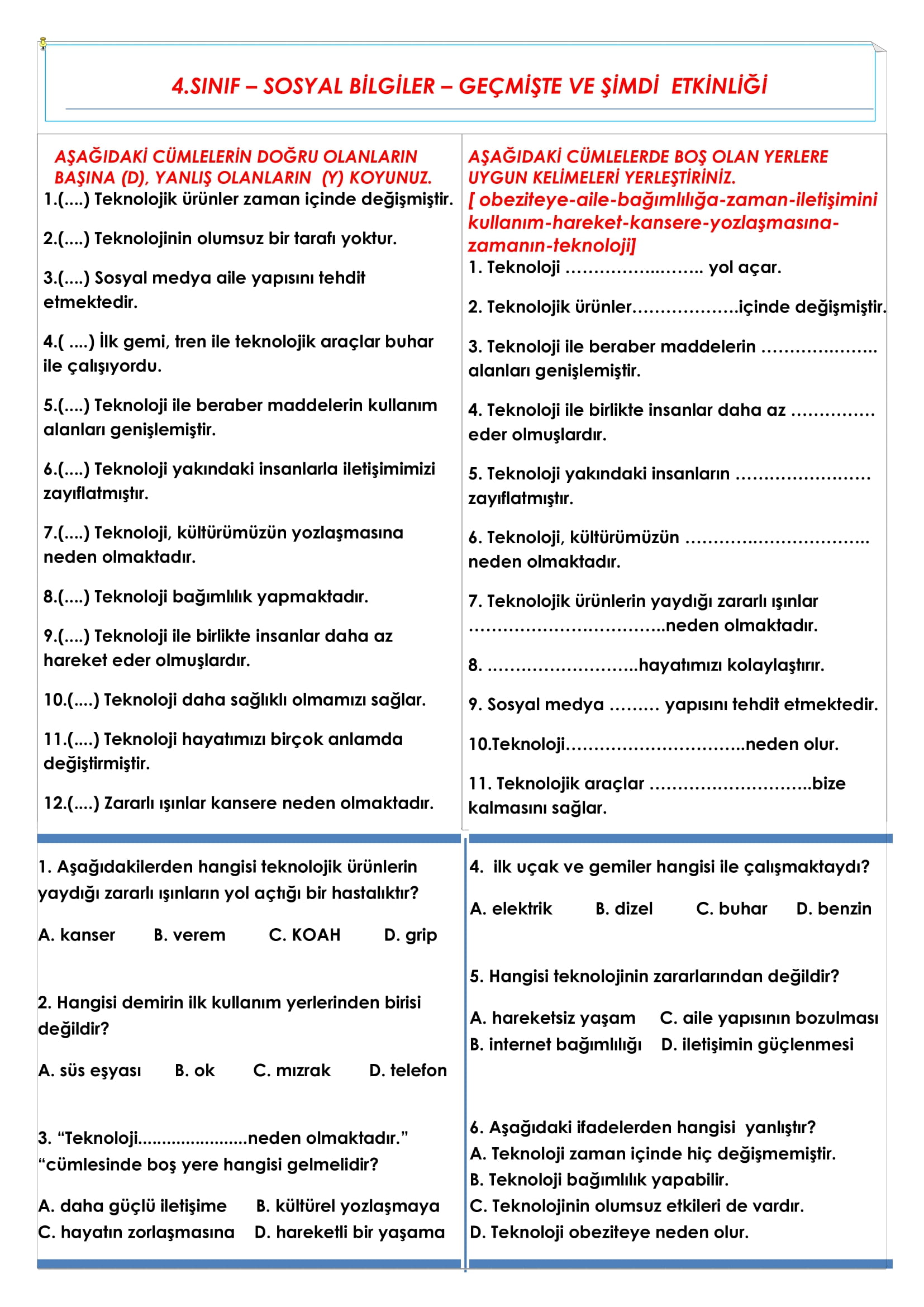 4.Sınıf - Sosyal Bilgiler - Geçmişte ve Şimdi Etkinliği