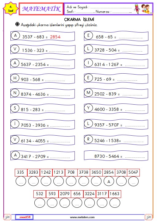 4. Sınıf Matematik Çıkarma İşlemi Etkinliği 2