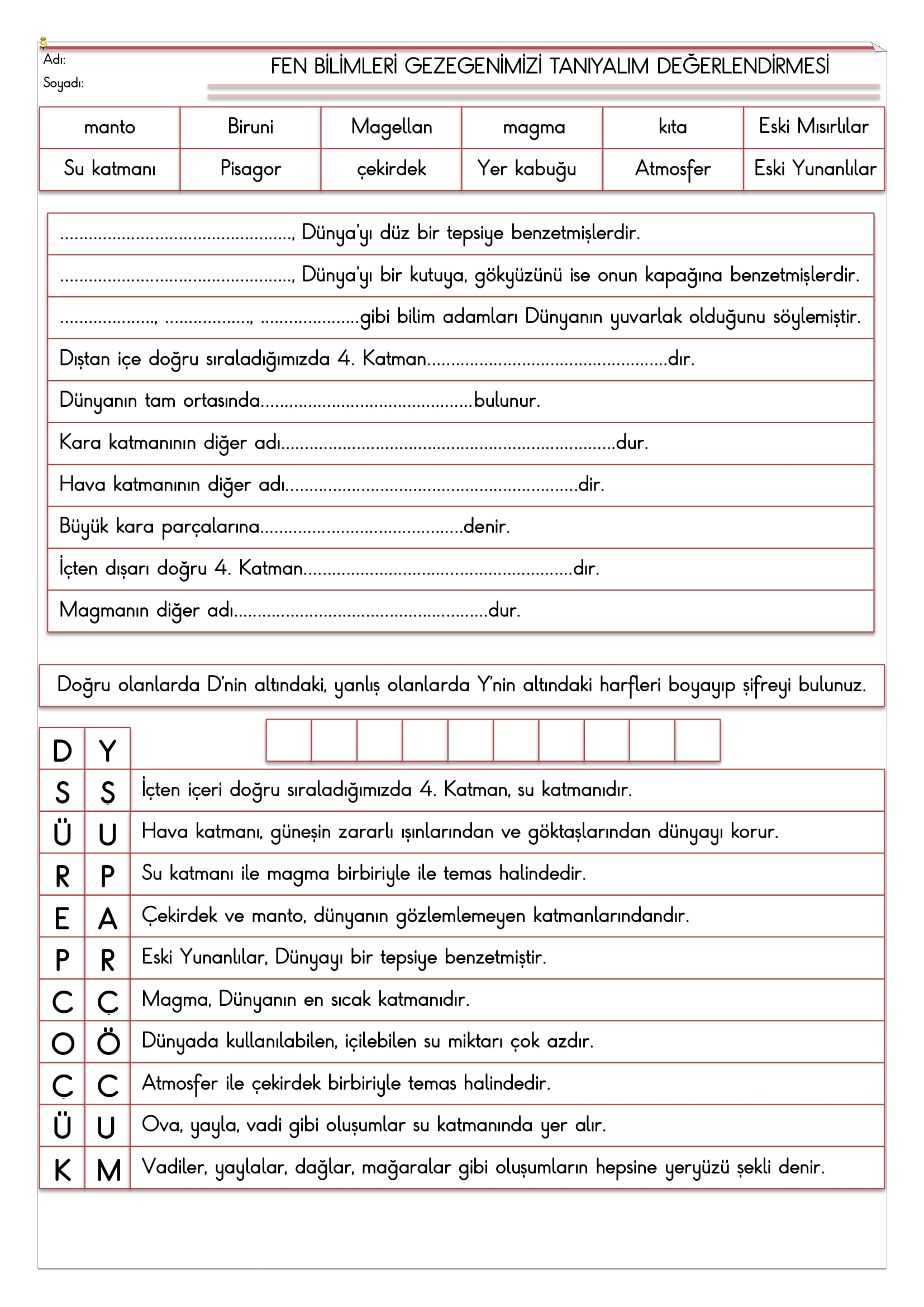 3.Sınıf - Fen Bilimleri Gezegenimizi Tanıyalım Değerlendirmesi