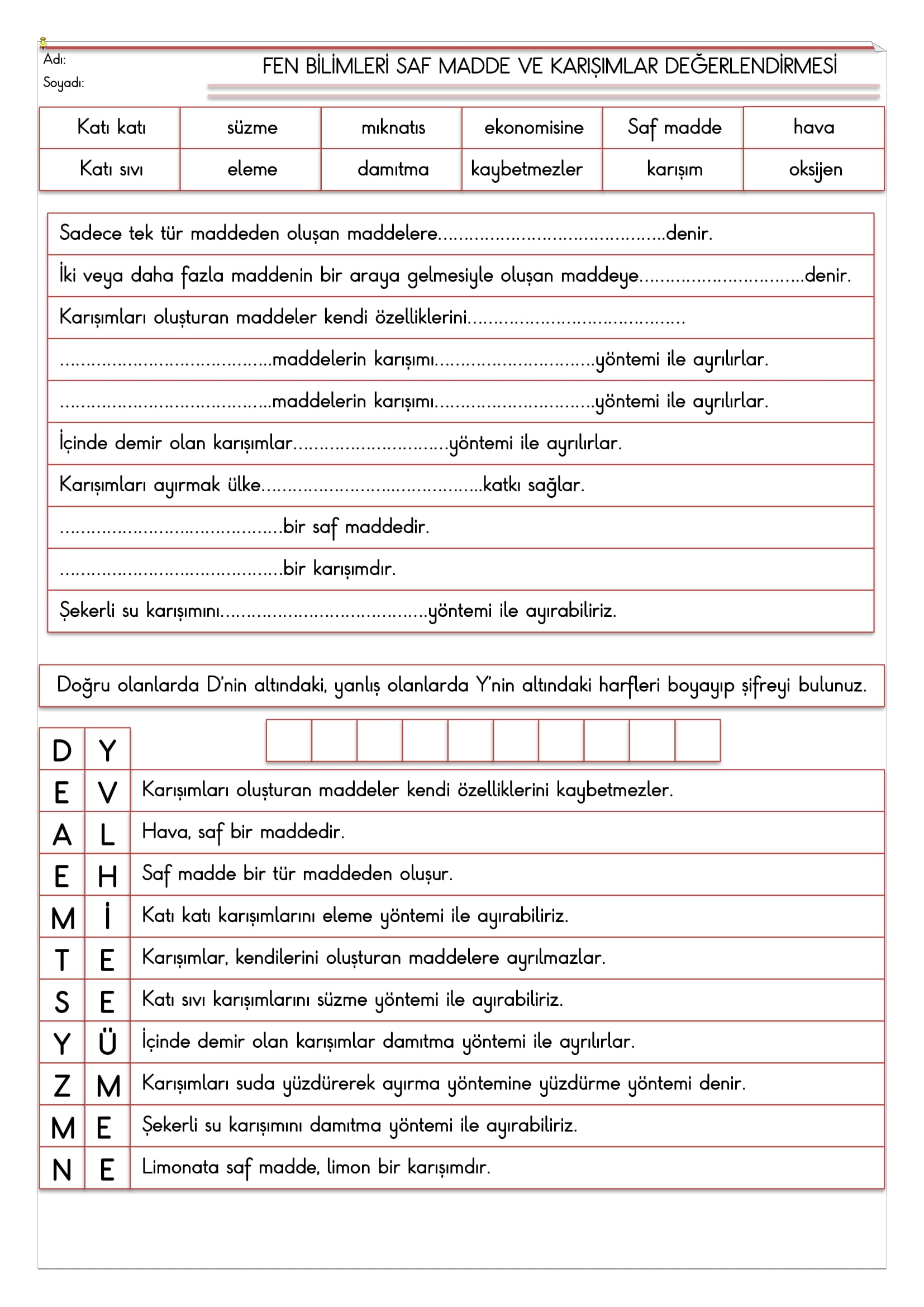 4.Sınıf Fen Bilimleri Saf Madde ve Karışımlar Değerlendirmesi