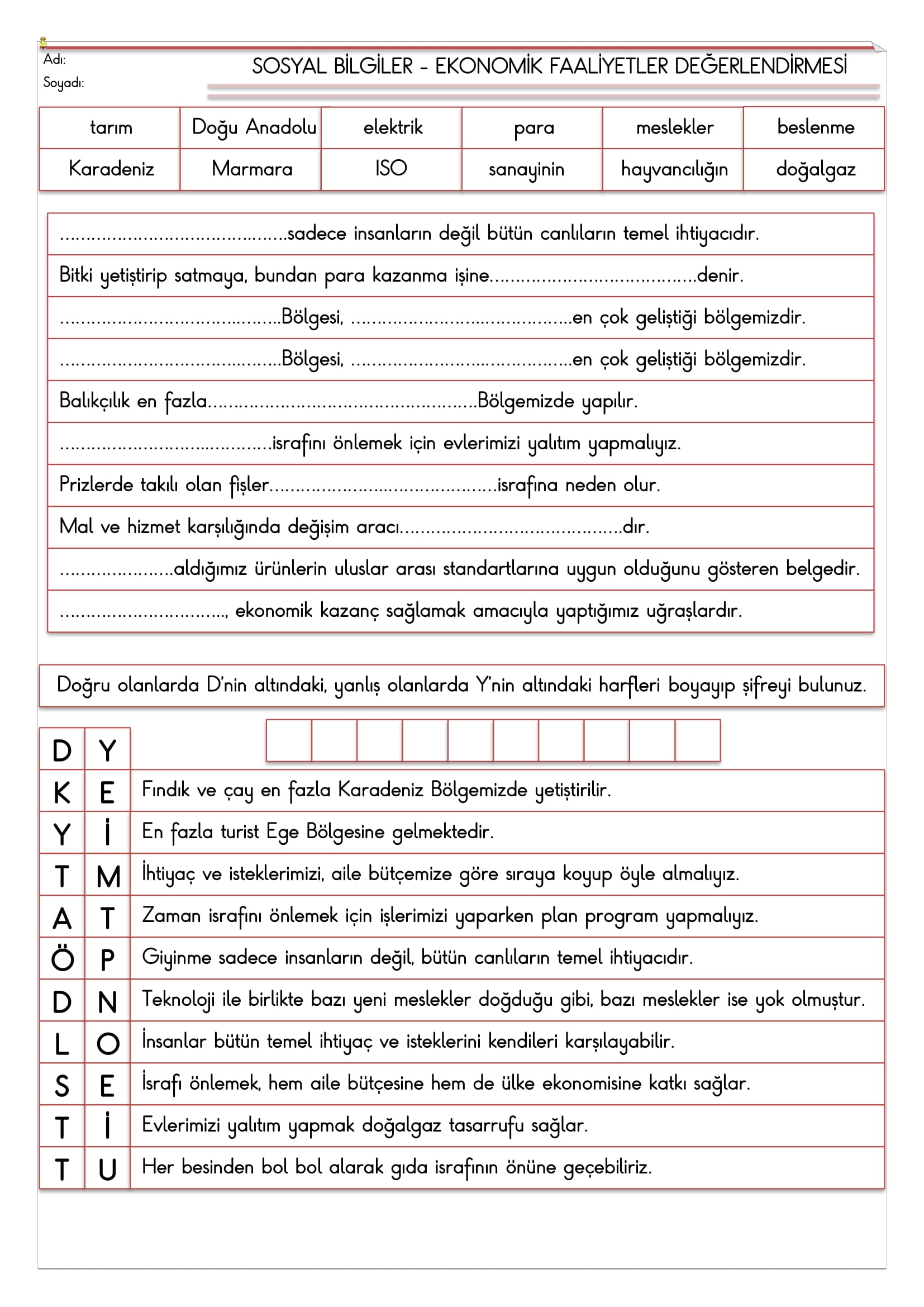 4.Sınıf - Sosyal Bilgiler Ekonomik Faaliyetler Değerlendirmesi