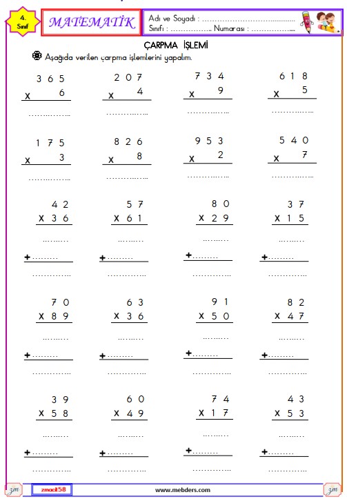 4. Sınıf Matematik Çarpma İşlemi Etkinliği 1