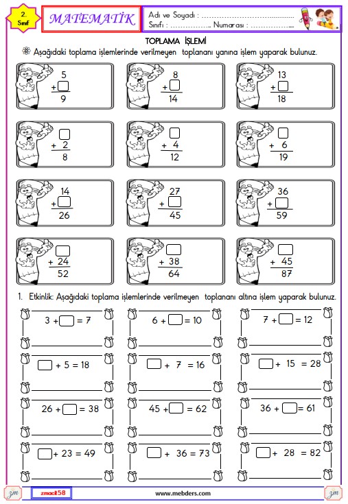 2. Sınıf Matematik Verilmeyen Toplananı Bulma Etkinliği 1