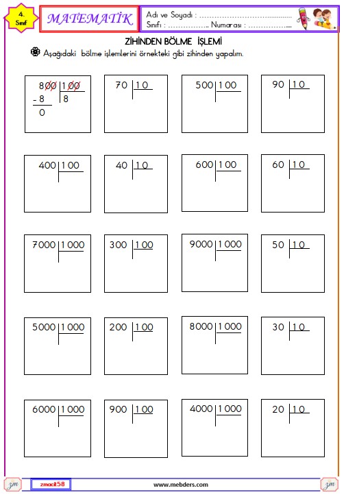 4. Sınıf Matematik Zihinden Bölme İşlemi Etkinliği