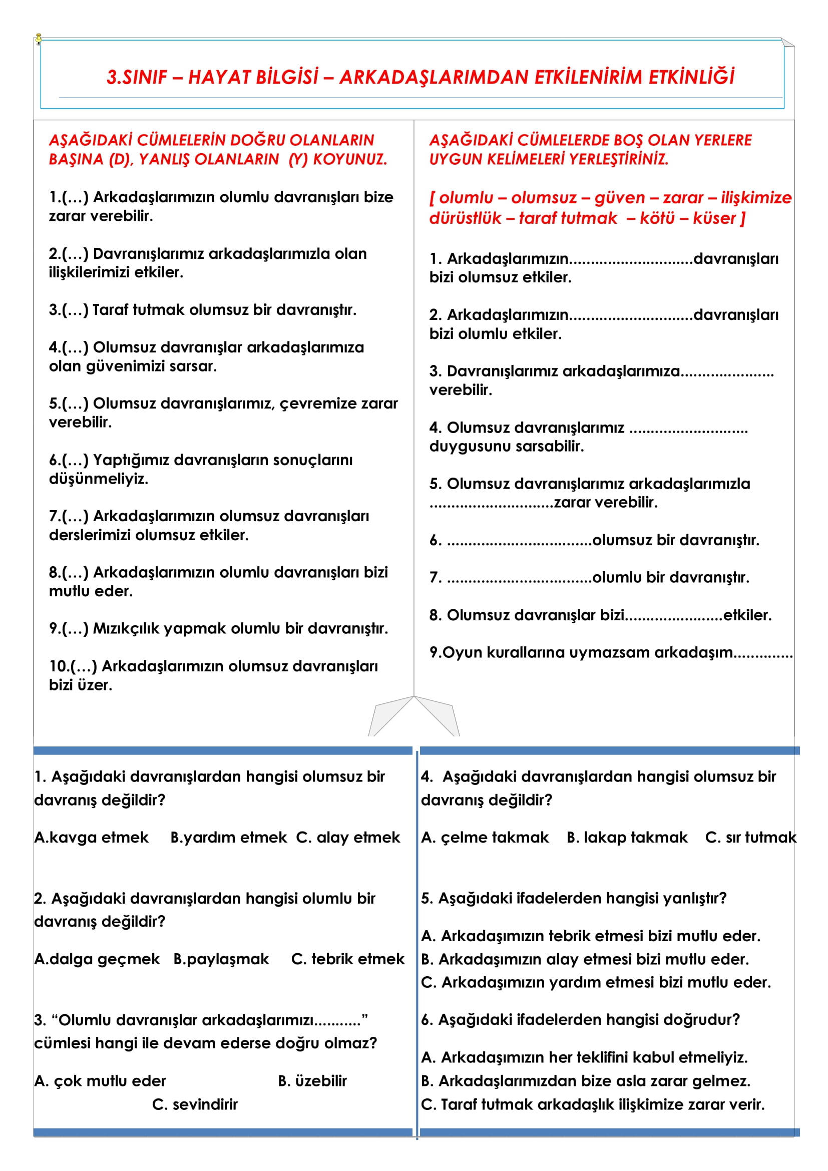 3.Sınıf - Hayat Bilgisi Arkadaşlarımdan Etkilenirim Etkinliği