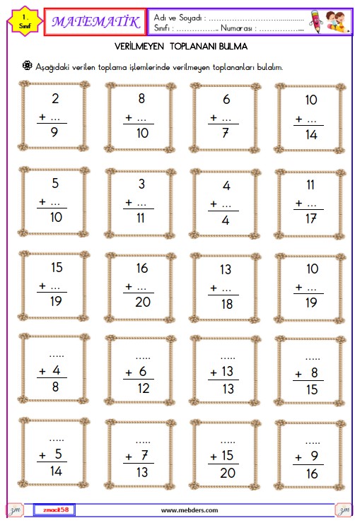 1. Sınıf Matematik Verilmeyen Toplananı Bulma Etkinliği 14