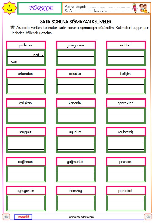 2. Sınıf Türkçe Satır Sonuna Sığmayan Kelimeler Etkinliği