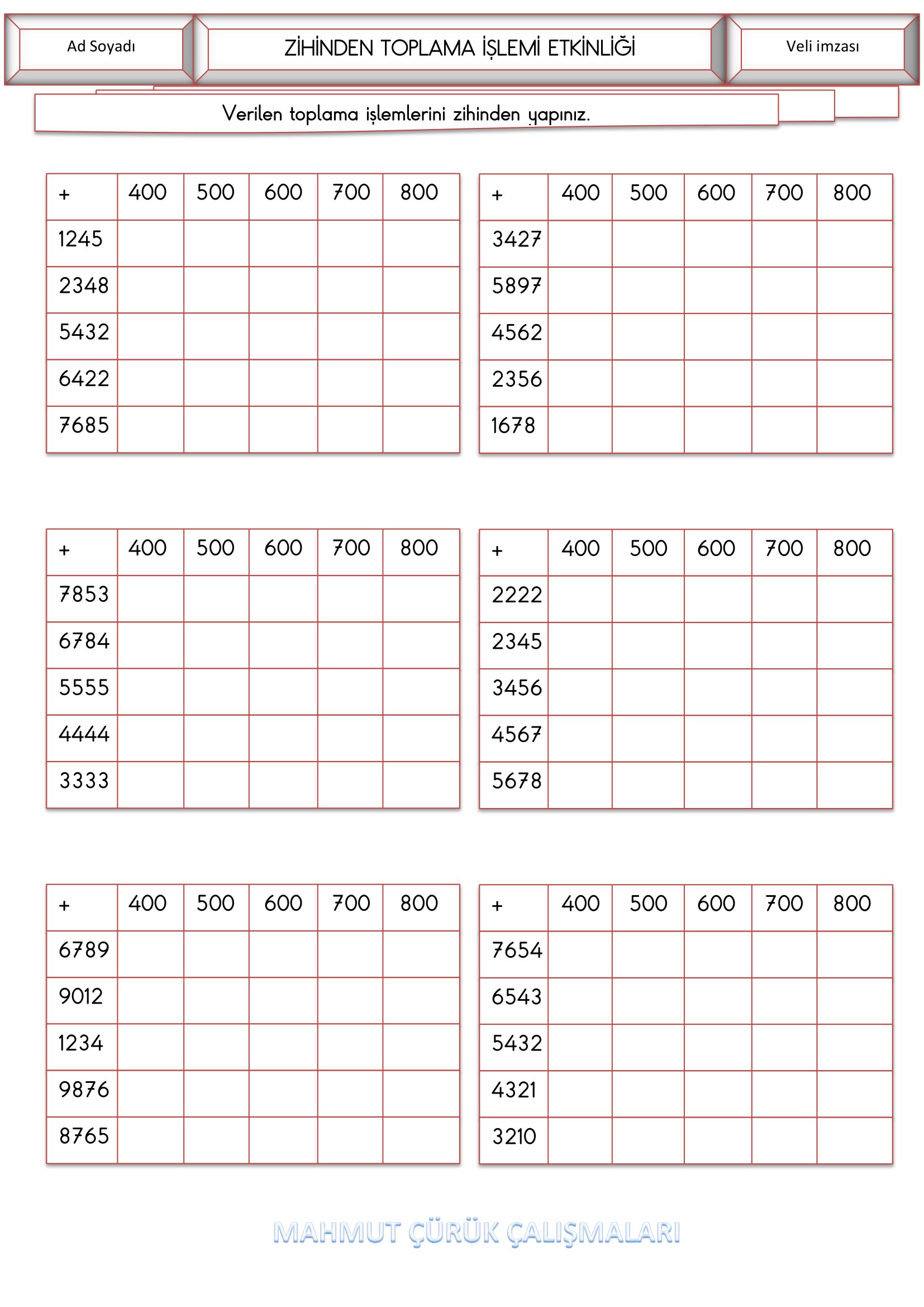 4.Sınıf - Matematik Zihinden Toplama İşlemi Etkinliği