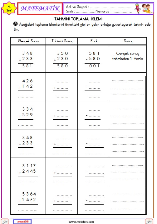 4. Sınıf Matematik Zihinden Toplama İşlemi Etkinliği