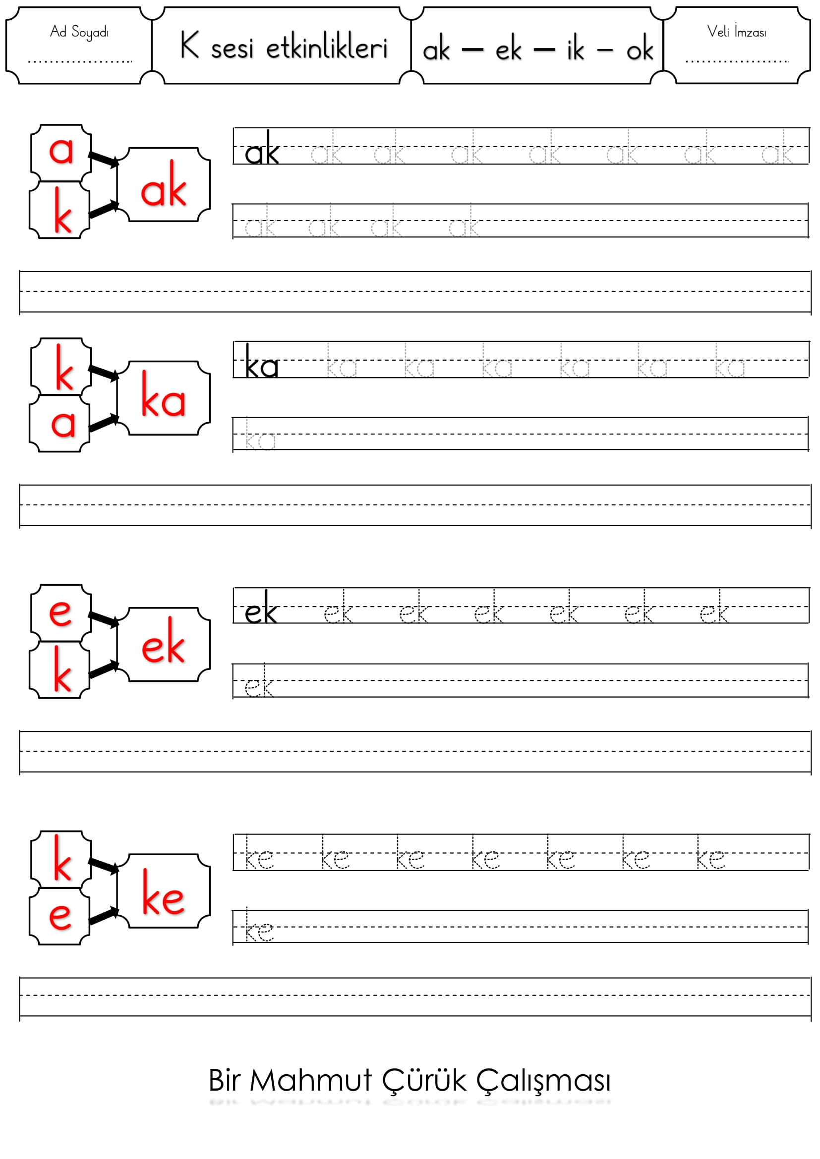 1.Sınıf İlk Okuma Yazma K Sesi ak - ek - ok - ik Etkinliği