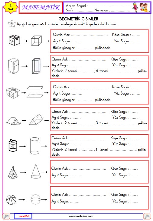 3. Sınıf Matematik Geometrik Cisimler Etkinliği 5