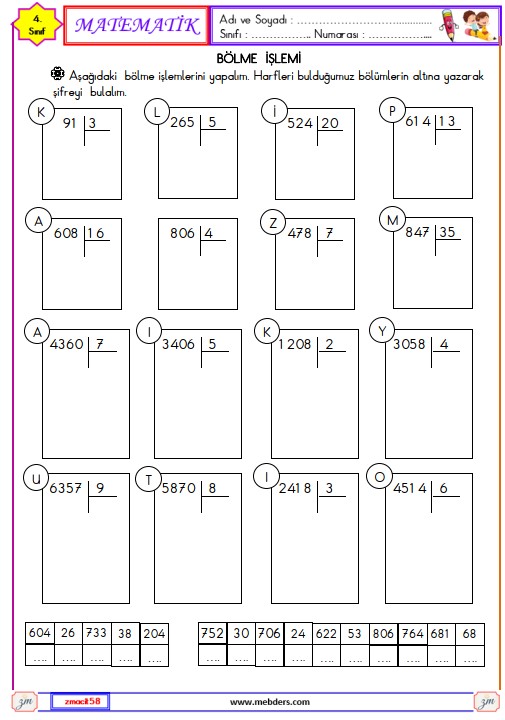 4. Sınıf Matematik Bölme İşlemi Etkinliği 2