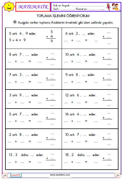 1. Sınıf Matematik Toplama İşlemi  Etkinliği 10