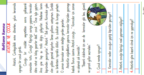 1.Sınıf Türkçe Okuyalım-Anlayalım-Cevaplayalım (Atatürk ve Çocuk) Metni