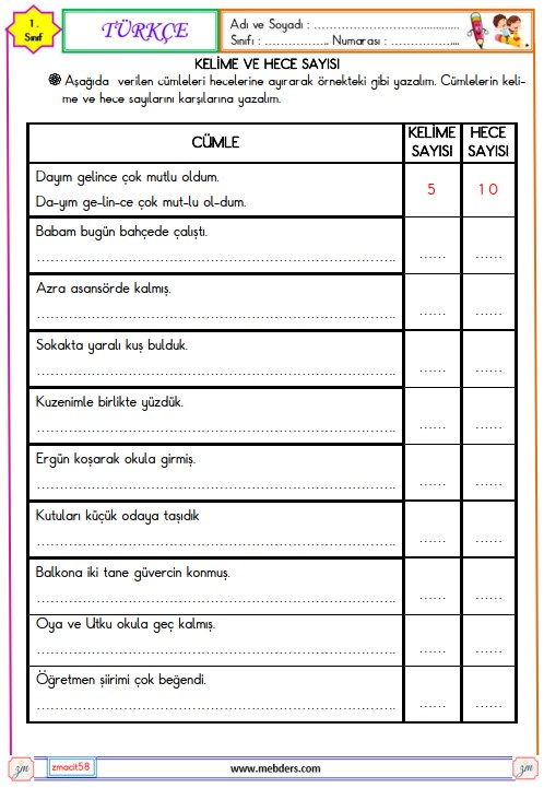 1. Sınıf Türkçe Kelime ve Hece Etkinliği 8