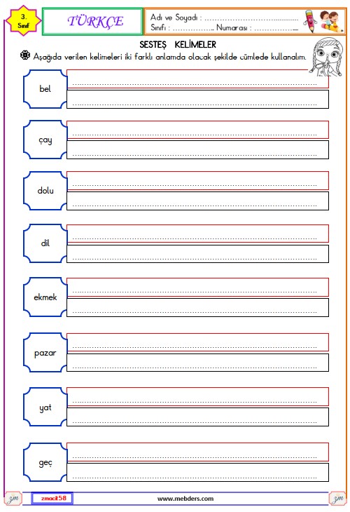 3. Sınıf Türkçe Sesteş Kelimeler Etkinliği 5