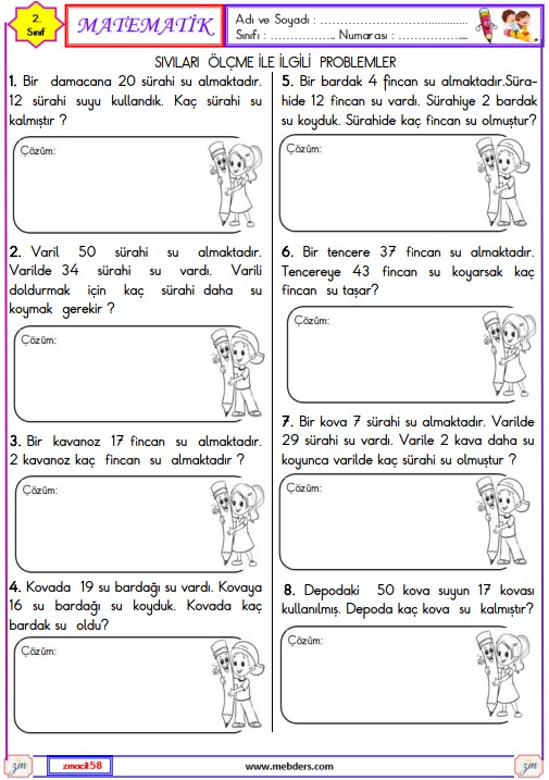 2. Sınıf Matematik Sıvıları Ölçme ile İlgili Problemler Etkinliği 2