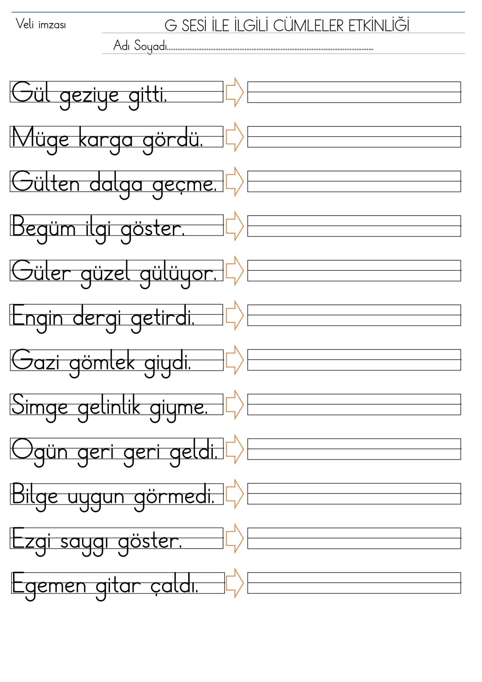 1.Sınıf İlk Okuma Yazma G Sesi Cümleler Etkinliği