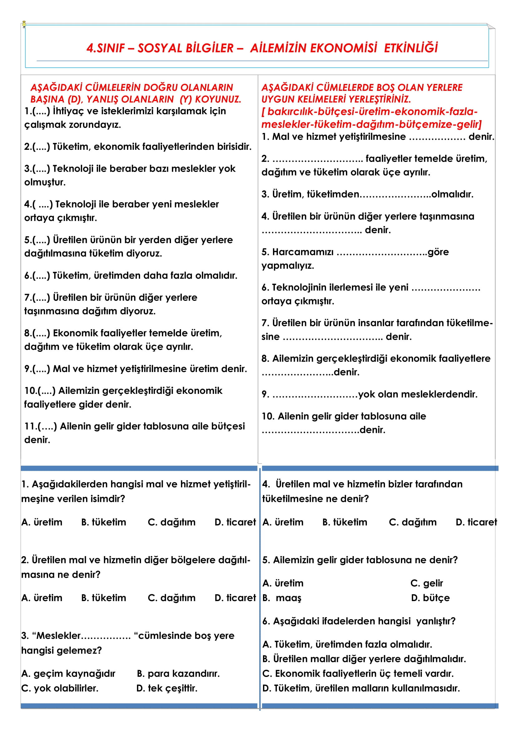 4.Sınıf Sosyal Bilgiler Ailemizin Ekonomisi Etkinliği