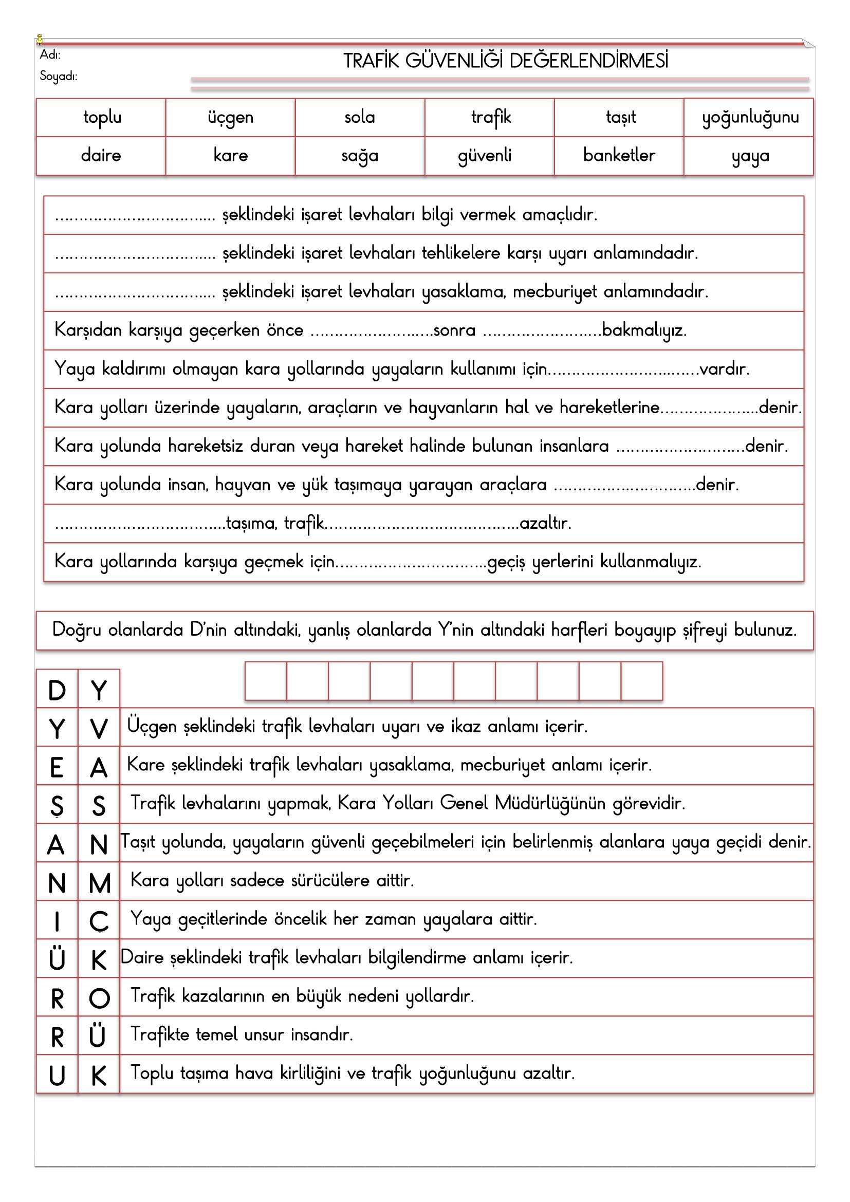 4.Sınıf - Trafik Güvenliği Değerlendirmesi-1