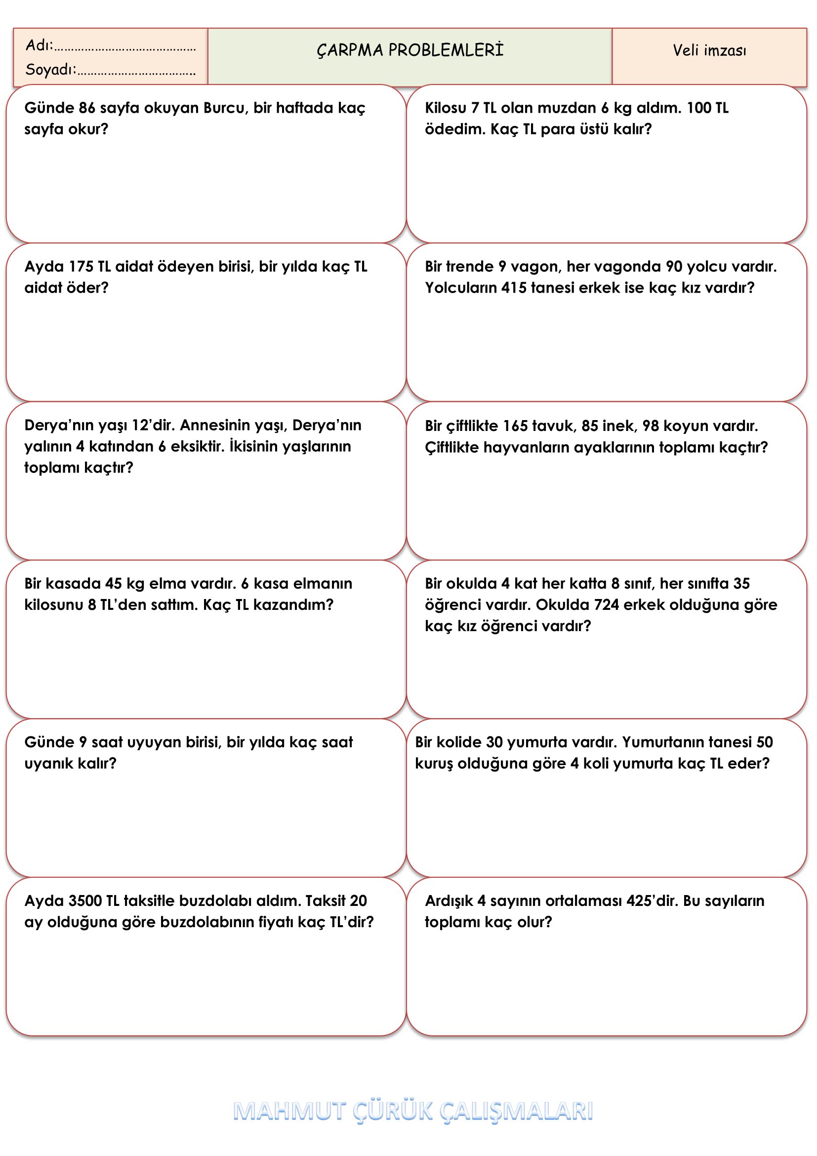 4.Sınıf - Matematik Çarpma Problemleri -1