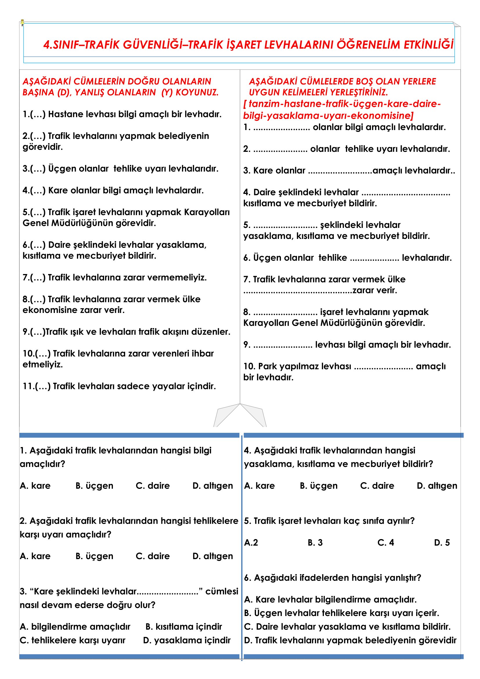 4.Sınıf Trafik Güvenliği Trafik İşaret Levhalarını Öğrenelim Etkinliği