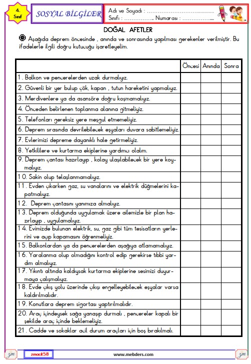 4. Sınıf Sosyal Bilgiler Doğal Afetler Etkinliği 2