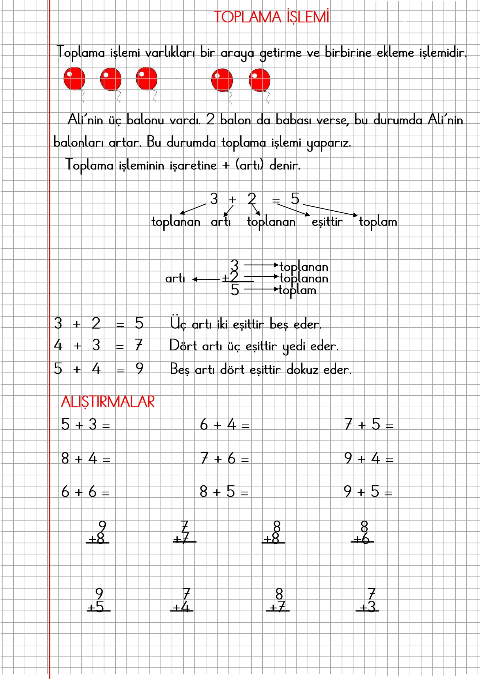 1.Sınıf Matematik Kareli Defterde Toplama İşlemi Konu Anlatımı