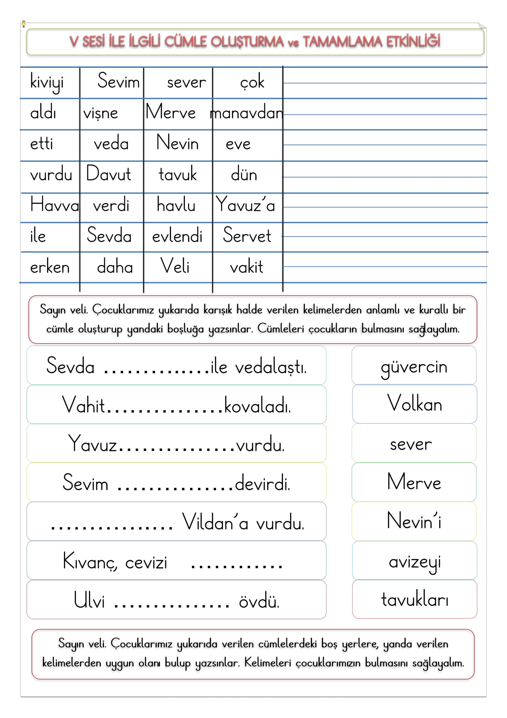 1.Sınıf V Sesi Cümle Oluşturma ve Tamamlama Etkinliği