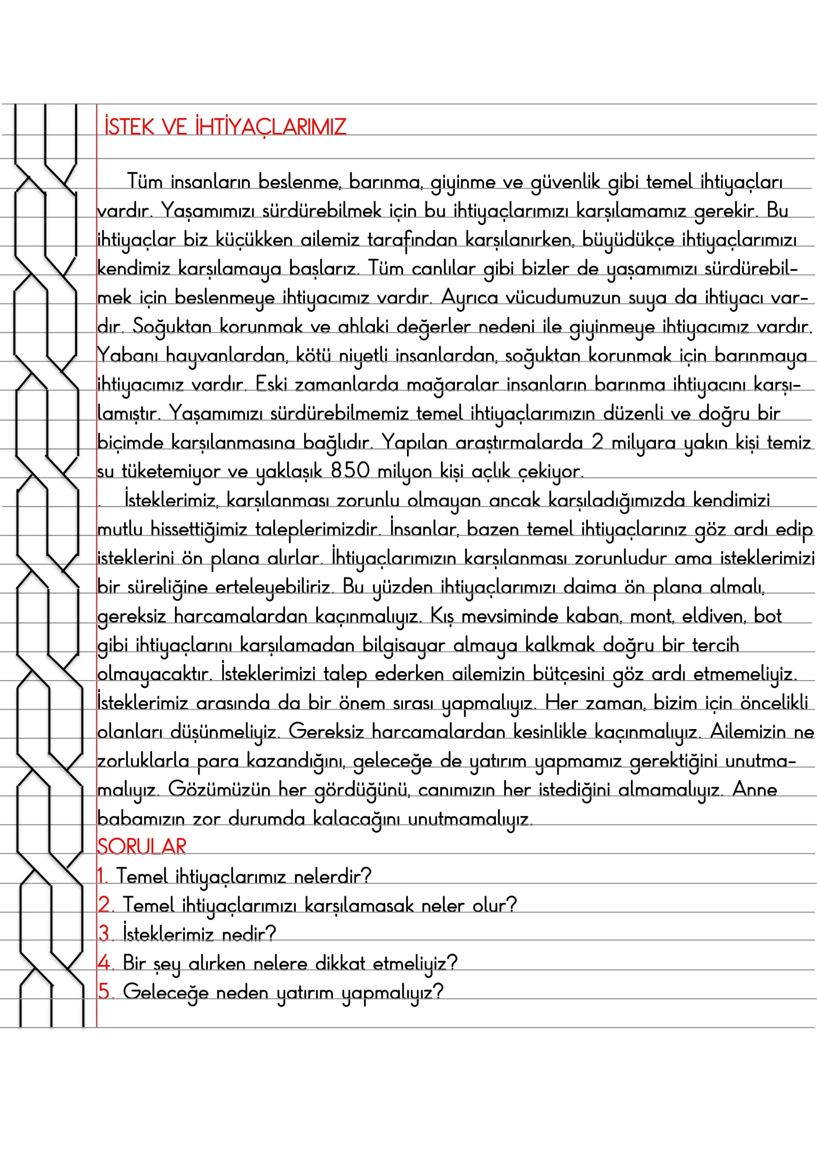 4.Sınıf Sosyal Bilgiler İstek ve İhtiyaçlarımız Defter Özeti