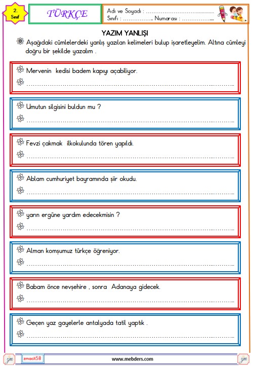 2. Sınıf Türkçe Yazım Yanlışı Etkinliği 6