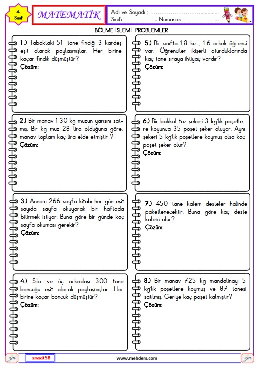 4. Sınıf Matematik Bölme İşlemi Problemler Etkinliği 1