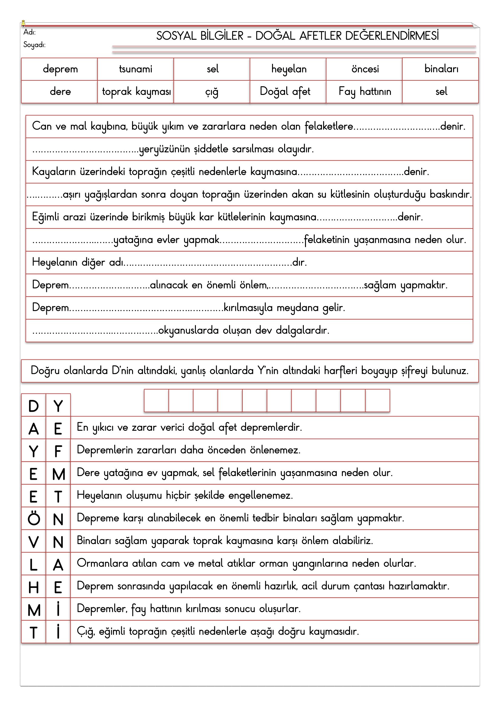 4.Sınıf - Sosyal Bilgiler Doğal Afetler Değerlendirmesi