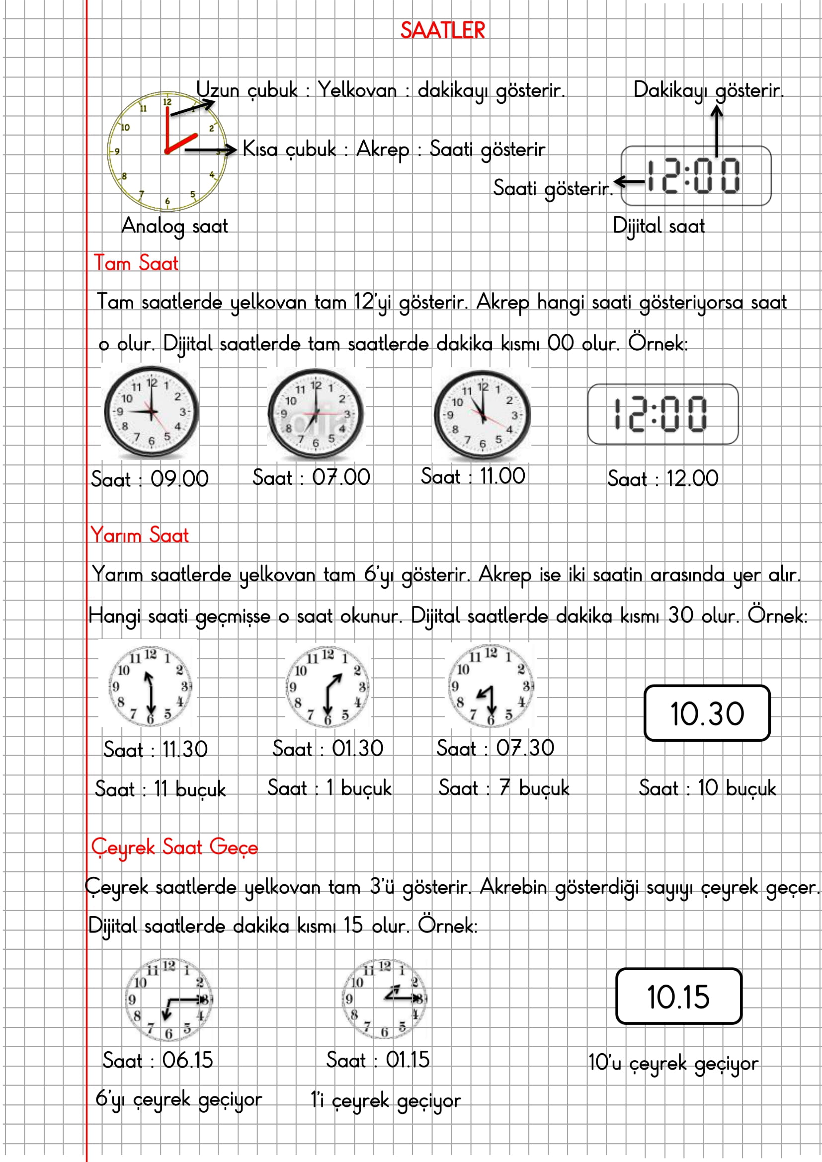 4.Sınıf Matematik Kareli Defterde Saatler Konu Anlatımı