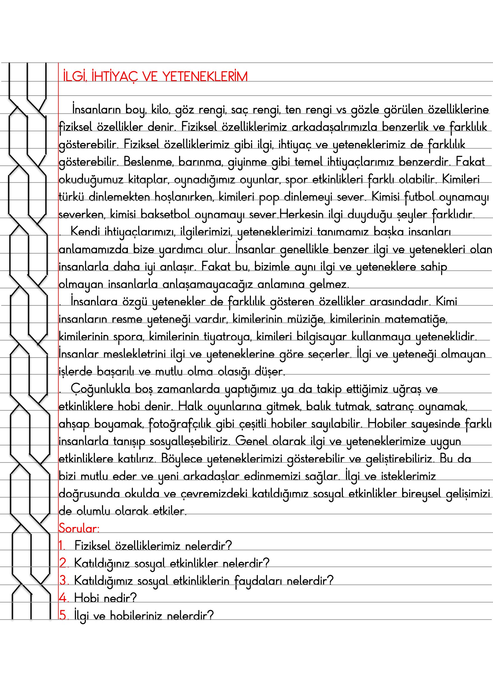 4.Sınıf - Sosyal Bilgiler - İlgi İhtiyaç ve Yeteneklerim Defter Özeti