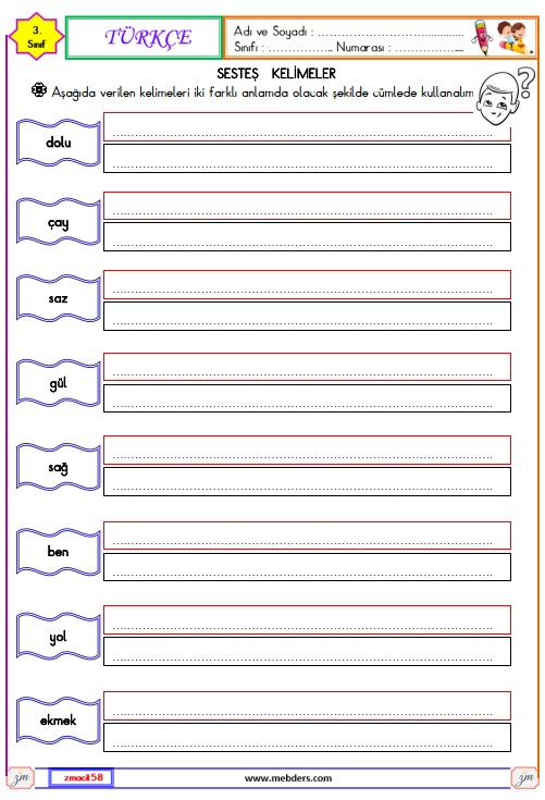 3. Sınıf Türkçe Sesteş  Kelimeler Etkinliği 2