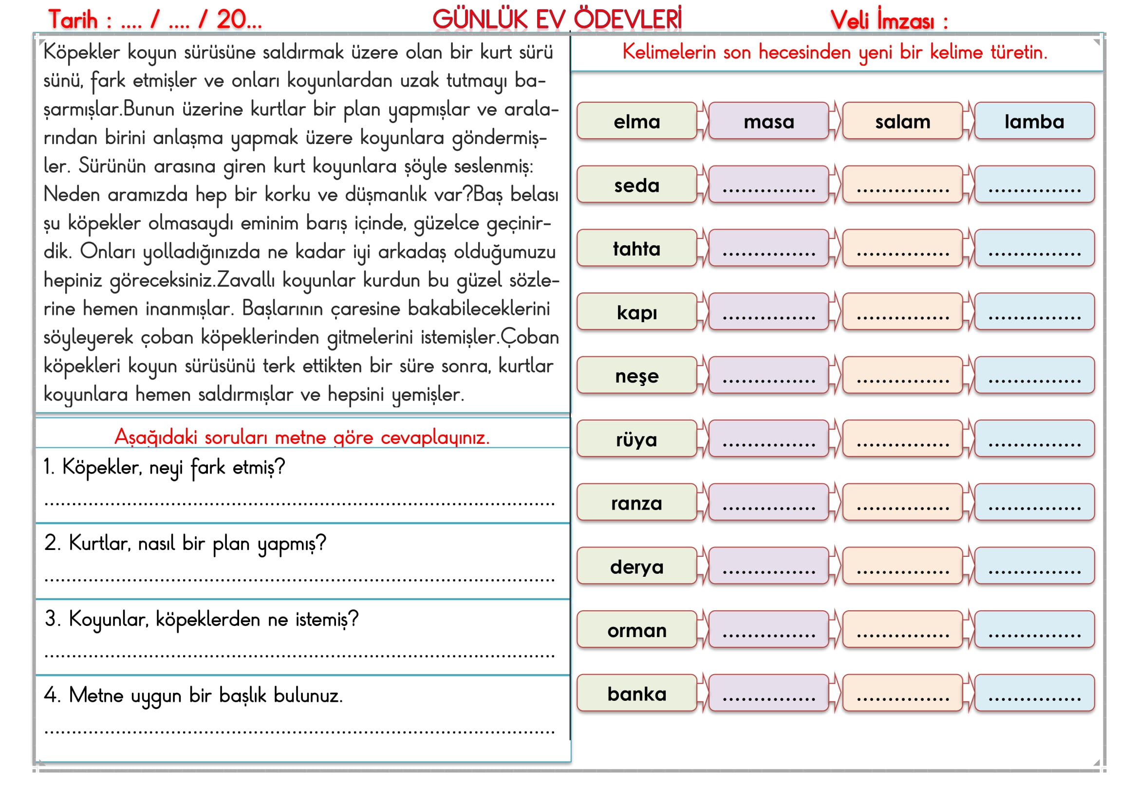 2.Sınıf 26 Eylül 2024 Günlük Ev Ödevleri