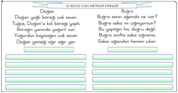 1.Sınıf İlk Okuma Yazma Ğ-ğ Sesi Metinler Etkinliği