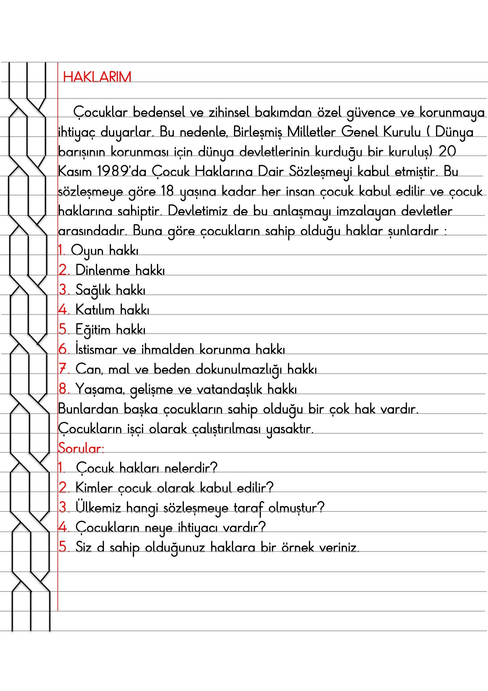 4.Sınıf - İnsan Hakları Haklarım Defter Özeti