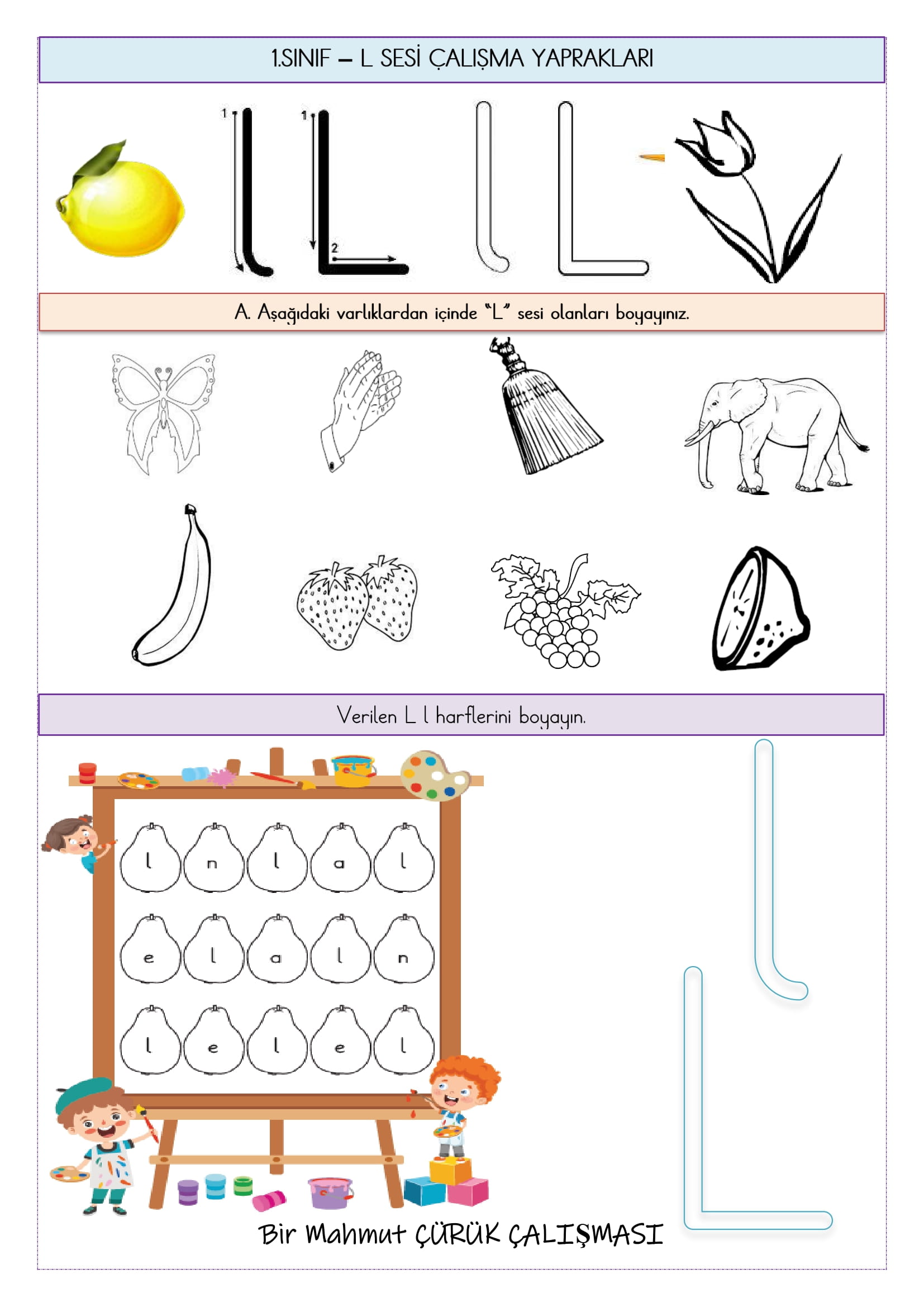1.Sınıf İlk Okuma Yazma L-l  Sesi Çalışma Yaprakları
