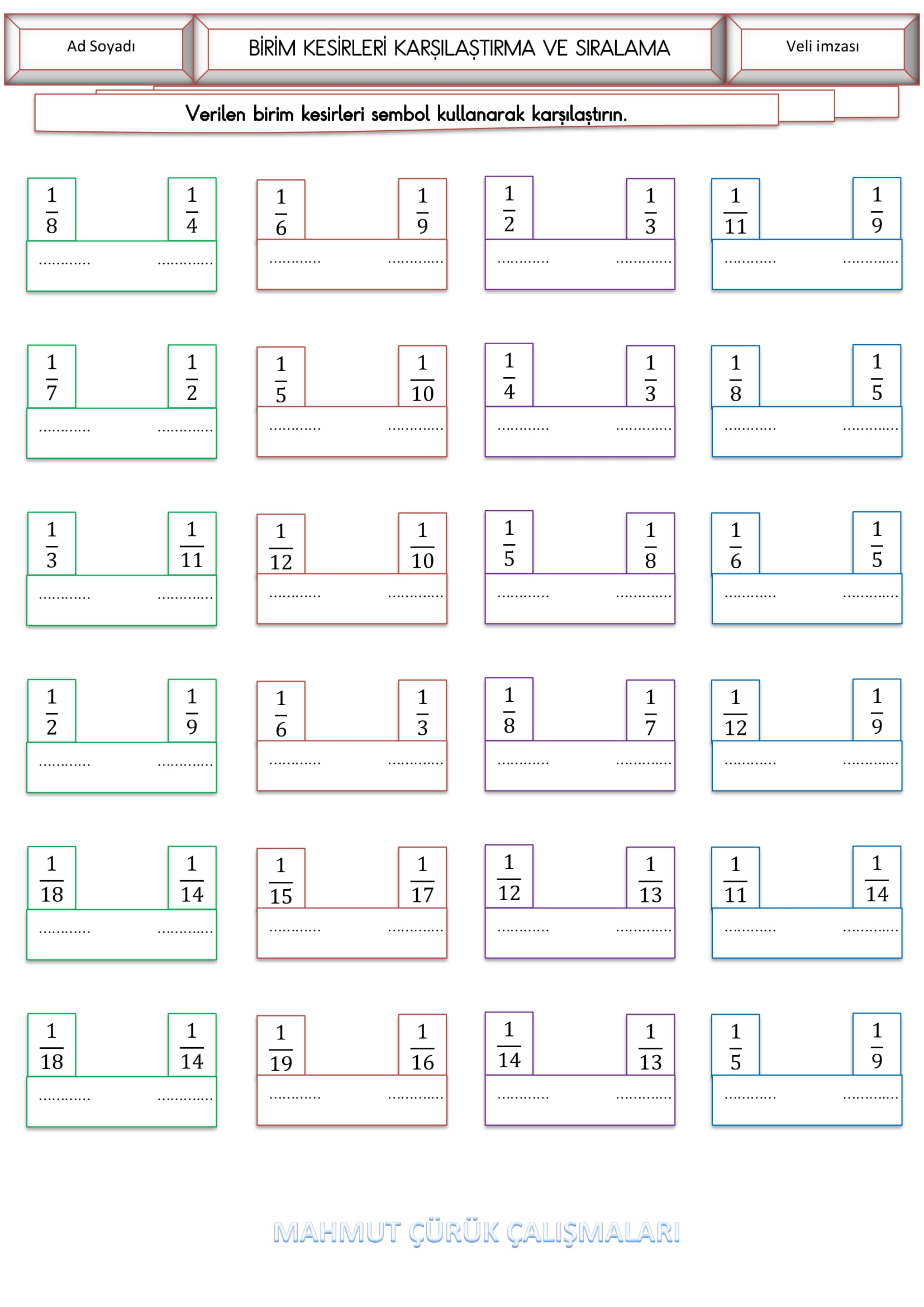 4.Sınıf - Matematik Birim Kesirleri Karşılaştırma ve Sıralama Etkinliği