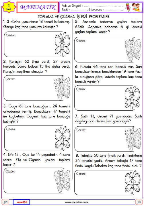 2. Sınıf Matematik Toplama ve Çıkarma İşlemleri Problemleri Etkinliği 5